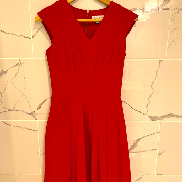 Calvin Klein Red A-Line Midi Dress with Cap Sleeves - Picture 1 of 6